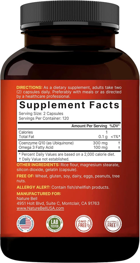 CoQ10 (Ubiquinone) 300mg with Omega 3 Fatty Acids | 240 Capsules | Antioxidant Support for Heart & Energy Health