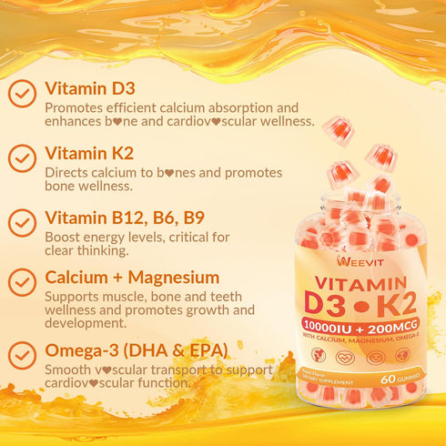 WEEVIT D3 10000iu K2 MK7) 200mcg Gummies Omega-3, B12, K2 D3 Vitamin & (as w/Calcium, Magnesium, Vitamin C, Supplement