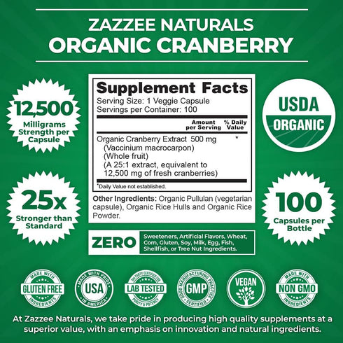 Zazzee USDA Organic Cranberry 25:1 Extract, 12,500 mg Strength, 100 Vegan Capsules, Certified Organic, Non-GMO
