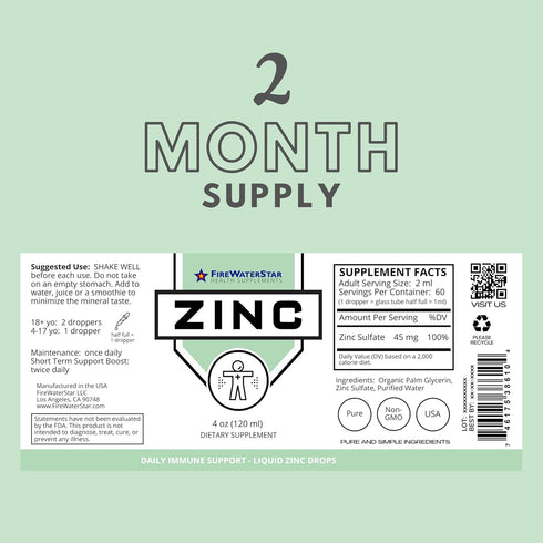 Immune 60 4 oz FWS Liquid Zinc Supplement for Men Women Kids, Organic Non-GMO Vegan, Ionic Zinc Sulfate Drops, System