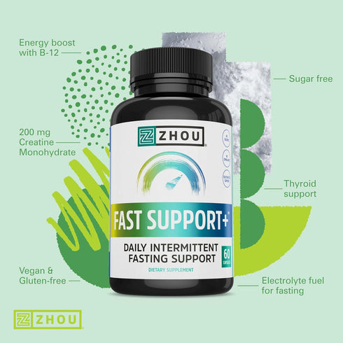 Zhou Fast Support+ Intermittent Fasting Support Supplement, Vitamin B12 for Energy, 60 Veg Caps