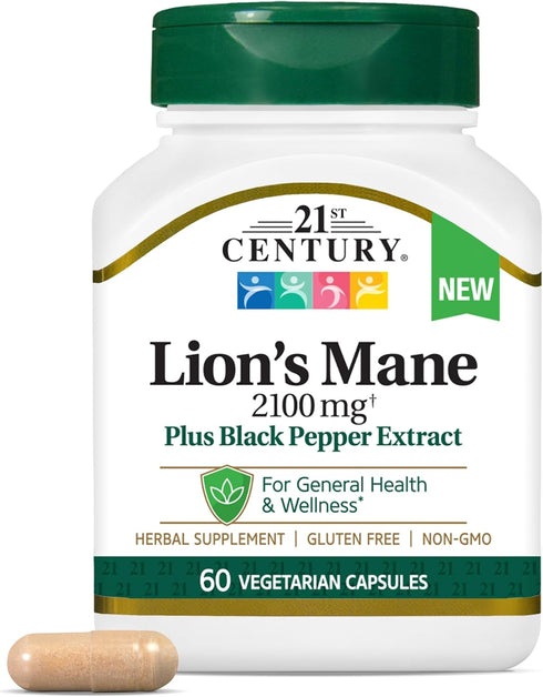 21st Century Lion's Mane 2,100 mg Vegetarian Capsules, Plus Black Pepper Extract, 60 Count