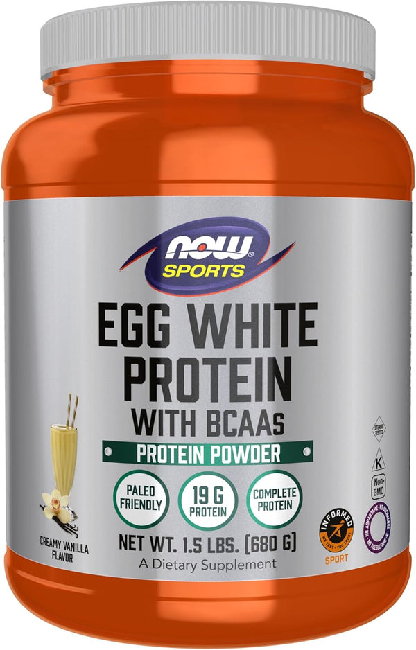 NOW Sports Nutrition Egg White Protein, 20 G with BCAAs, Creamy Vanilla Powder, 1.5-Pound