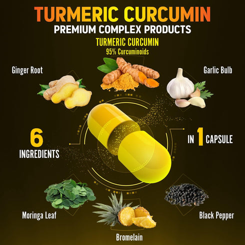 6 in 1 Turmeric Curcumin + Ginger Capsules, 95% Curcuminoids, Joint & Absorption Support - 120 Capsules