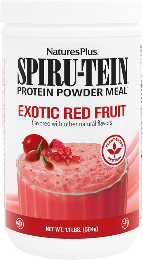 Natures Plus SPIRU-TEIN Exotic Red Fruit | 1.1 lb Plant-Based Protein Powder | Vegetarian, Gluten Free, 14 Servings