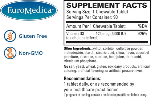 Euromedica Vitamin D3 5000 IU, 90 Chewable Tablets, Mixed Berry Flavor - Supports Strong Bones, Teeth & Immune Function