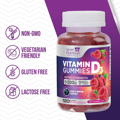Vitamin D3 Gummies Extra Strength 5000 IU (125 mcg), Nature's Berry Vitamin D Supplement, 120 Gummies, Non-GMO