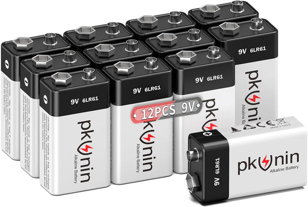 PKUNIN 9V Batteries 12 Pack Alkaline 9 Volt Battery for Smoke Detector Long-Lasting