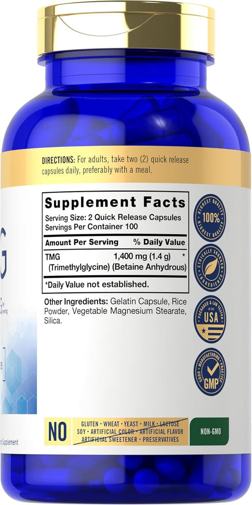 Carlyle TMG 1400mg | 200 Trimethylglycine Quick Release Capsules | Non-GMO & Gluten Free Supplement