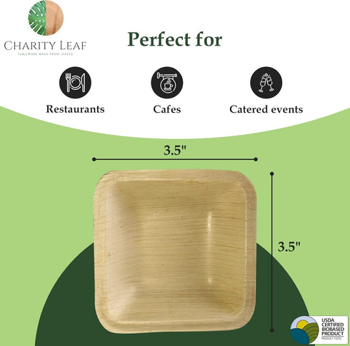 Disposable Palm Leaf Mini Bowl, 3.5" Square, 25 pcs, All Natural and Biodegradable Dipping Bowls for Parties