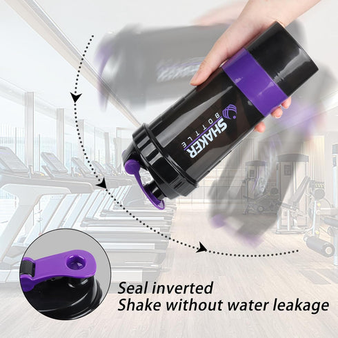Shaker Bottle, 500ML Protein Shaker Cup with Storage Compartments for Smooth Mixing (Purple & Black)