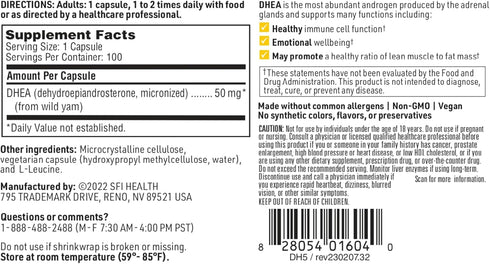 Klaire Labs SFI Health DHEA 50mg, 100 Capsules - Micronized Dehydroepiandrosterone from Wild Yam, Soy-Free,