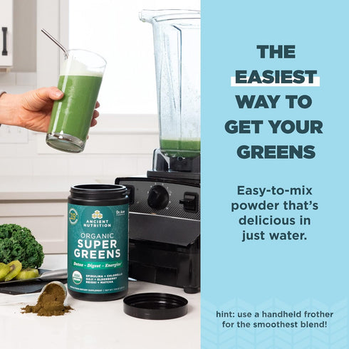 Ancient Nutrition Super Greens Powder, Organic Superfood with Probiotics, Spirulina, Chlorella, Matcha, 25 Servings