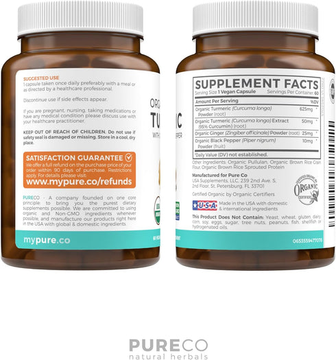 USDA Organic Turmeric Curcumin with Black Pepper and Ginger, 60 Vegan Capsules, Joint Support Supplement (2 Month