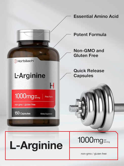 Horbaach L Arginine 1000mg Capsules | 150 Powder Pills | Non-GMO & Gluten Free Supplement