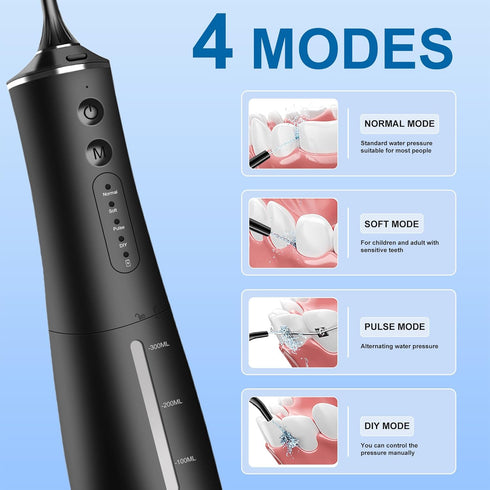 Cordless Water Dental Flosser for Teeth Cleaning, 4 Modes Oral Irrigator, 300ML Rechargeable, IPX7 Waterproof