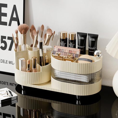 Rotating Makeup Organizer for Vanity - 3 Layer Storage with Brush Holder and Drawer for Cosmetics