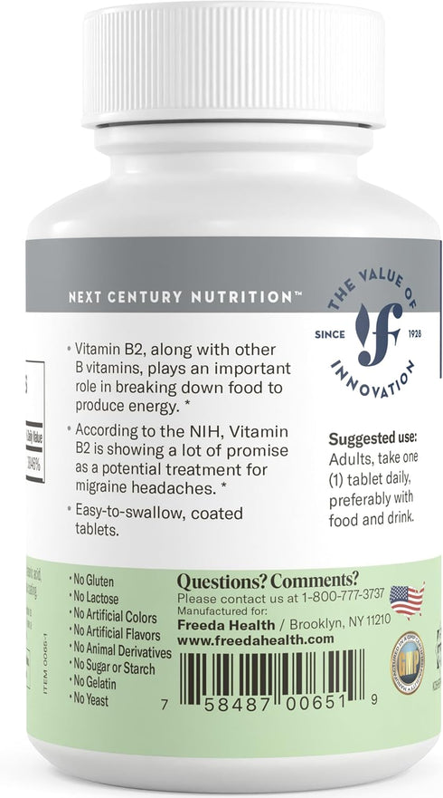 Freeda Vitamin B2 Riboflavin 50mg for Energy Metabolism, Migraine Relief, 100 Ct, Kosher, Vegan