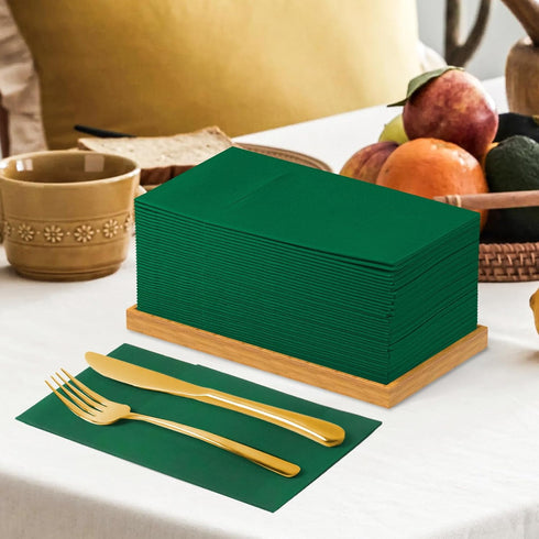 KAMMAK 100 Pack (16.5 16.5 inch) Green Napkin Disposable Cloth Like Dinner Paper Napkins with Pocket Folded Guest Hand