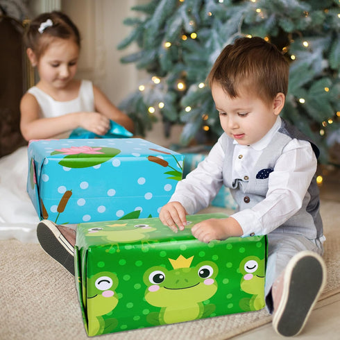 JarThenaAMCS 10 Sheet Cute Frog Wrapping Paper, Bulk Green Gift Wrap Paper for Birthday Baby Shower