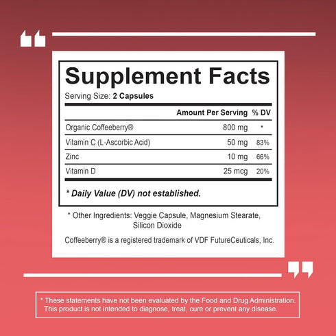 Vitacoffee Caffeine Pills - 60 Veggie Capsules - Coffee Fruit, Vitamin C, D, Zinc Gluconate - Energy, Memory, Focus,