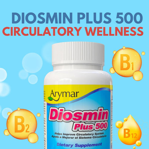 Arymar Diosmin Plus 500 Supplement for Circulatory Support with Hesperidin & B-Complex, 60 Capsules
