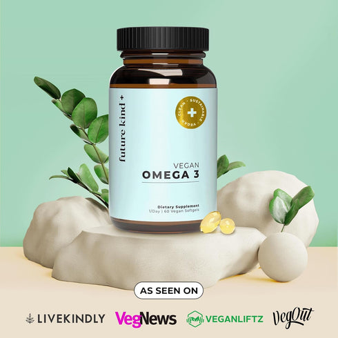 Future Kind Vegan Omega 3 Supplement - Glass Bottle, DHA EPA for Joint & Mood Support - 2 Month Supply