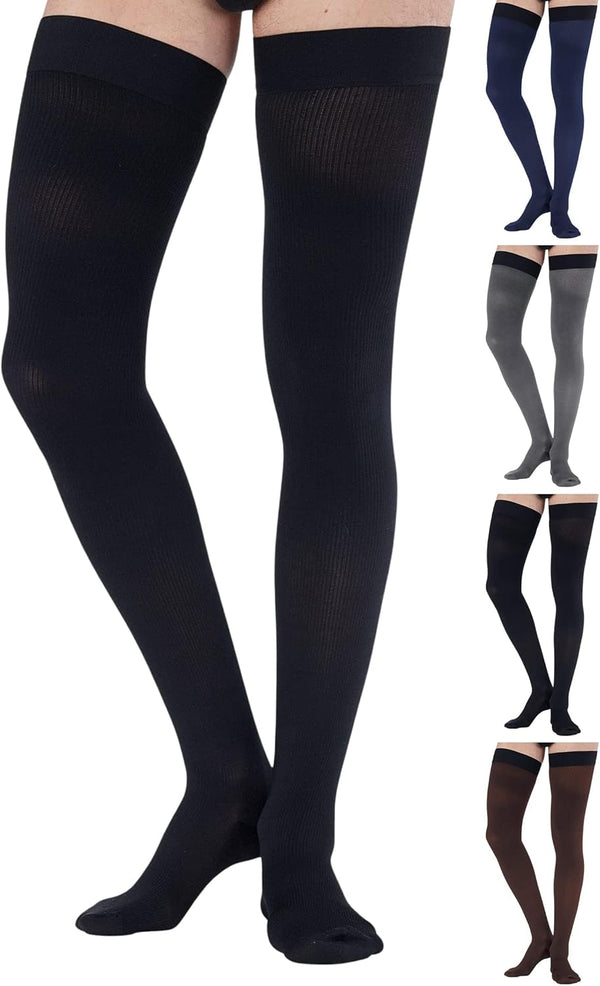 Thigh High Compression Socks for Men - 20-30 mmHg Full Length Over Knee Support Stockings, Black, 3X-Large