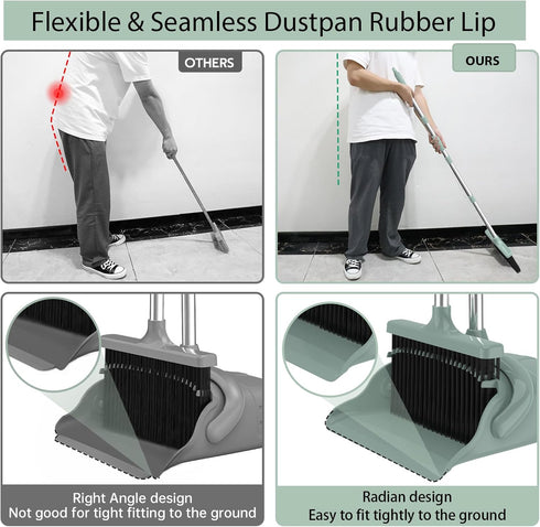 Broom with Dustpan Combo Set, 52'' Long Handle Broom and Dustpan with Self-Cleaning Teeth for Home Office Kitchen