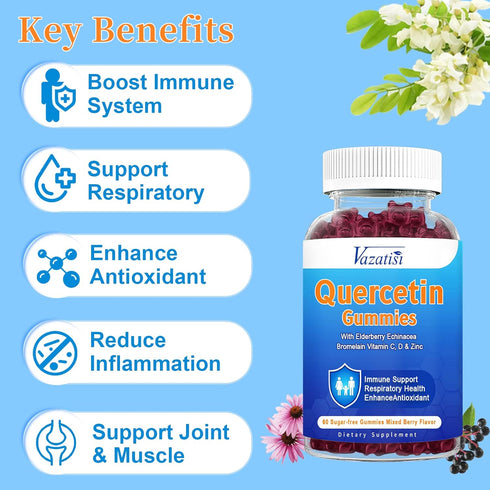 Quercetin Gummies for Kids, Adults, 1200mg Organic Quercetin with Bromelain, Elderberry, Vitamin C, 60Ct