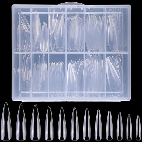 LoveOurHome 240pc XL Clear Stiletto Nail Tips, Full Cover Acrylic False Nails for Women Girls, 12 Size Manicure