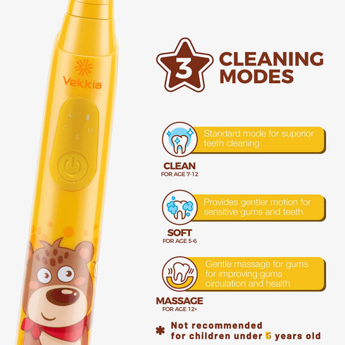 Vekkia Sonic Rechargeable Kids Electric Toothbrush, 3 Modes, 24000 Strokes, IPX7 Waterproof, 2-Min Timer, Yellow