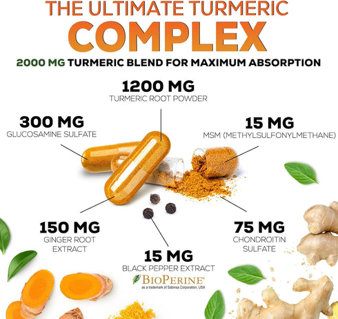 Turmeric Curcumin Supplement 2000mg with Glucosamine Chondroitin & Ginger - Nature's Joint Support, 180 Capsules