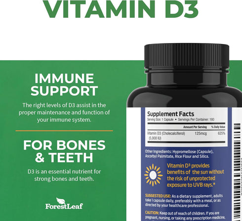 ForestLeaf Vitamin D3 5000 IU, Bone Health and Immune Support, 180 Easy to Swallow Vegetable Capsules