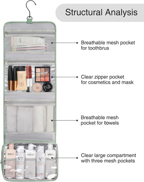 Relavel Travel Hanging Toiletry Bag for Men Women, Waterproof Large Makeup Organizer, Shaving Bag, Cosmetic Case (Green