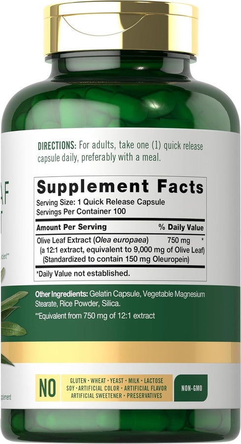Carlyle Olive Leaf Extract Capsules | 9000mg | 100 Count | Non-GMO, Gluten Free | High Potency Supplement