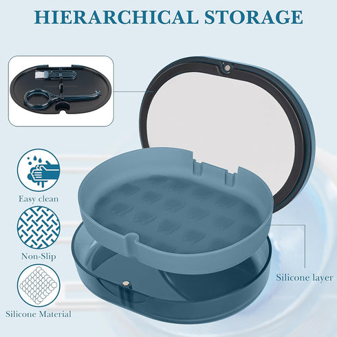 Linkidea Double-layer Retainer Storage Case with Mirror, Portable Aligner Holder with Removal Tool, Blue