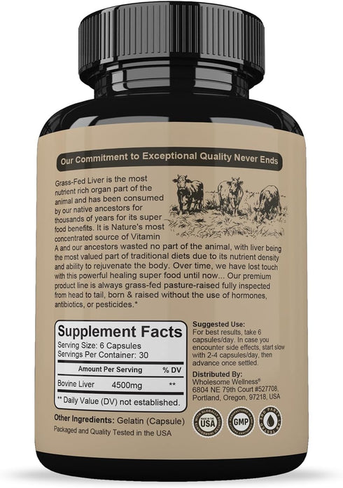 Wholesome Wellness Grass Fed Desiccated Beef Liver Capsules (180 Pills, 750mg Each) - Natural Iron and Vitamins