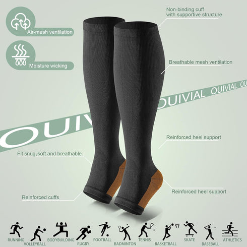 OUIVIAL 3 Pack 20-30mmHg Copper Compression Socks for Women&Men, Open Toe Knee High Support Socks for Varicose