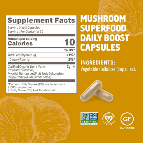 OM MUSHROOM SUPERFOOD Lion's Mane Mushroom Capsules, Superfood Supplement, 90 Count, 30 Day Supply