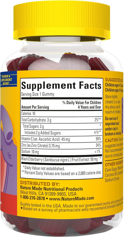 Nature Made Kids First Elderberry Gummies with Vitamin C and Zinc, Dietary Supplement for Immune Support, 40 Count