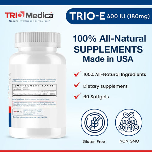 Trio-E 400 IU Vitamin E Dietary Supplement for Antioxidant Health & Immune System, 60 Softgels