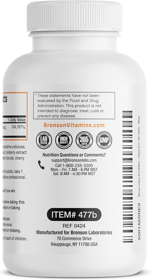Vitamin B12 2500mcg Fast Dissolve Chewable Tablets - 180 Count, Cherry Flavored Sublingual B12 for Energy Production