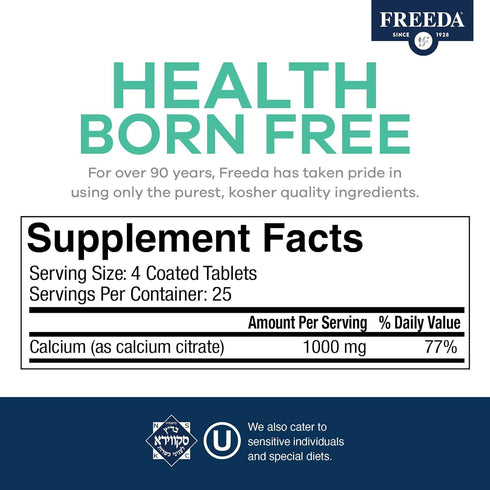 Freeda Calcium Citrate - Kosher Vegan Calcium Supplement for Women & Men - Bone Health & Joint Support - 1000mg Calcium