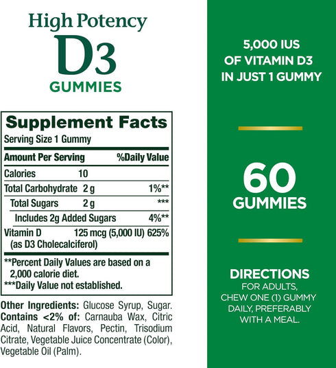 Nature's Bounty High Potency Vitamin D3 5000 IU, Immune Support Supplement, 5000 IU, Strawberry Flavor, 60 gummies