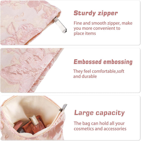 Flower Makeup Bag, Large Floral Travel Cosmetic Pouch for Women, Zipper Organizer Bag (Embossed Pink Aesthetic)