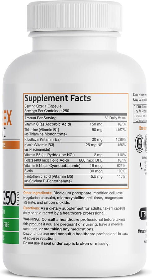 Bronson Vitamin B Complex with Vitamin C, Immune Health, Energy Support, 250 Vegetarian Capsules