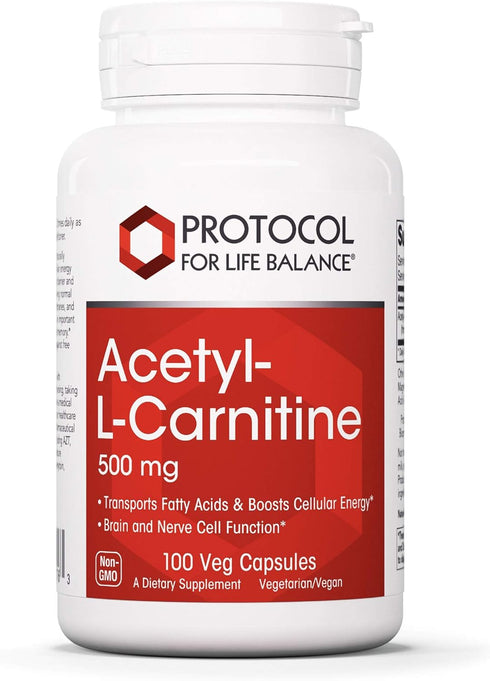 Protocol Acetyl-L-Carnitine 500mg - Brain Pills for Energy, Brain & Mitochondrial Health* - Non-GMO, Vegan, 100 Veg Caps