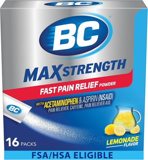 BC MAX Strength Fast Pain Relief Powder, 16 Count Lemonade Flavor Aspirin 500mg and Acetaminophen 500mg Dissolve
