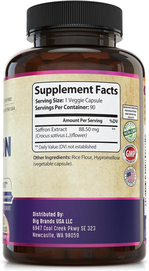 Natural Saffron Mood Supplements for Adults, 88.50 mg Pure Saffron Extract for Mood and Memory Support, 45-Day Supply